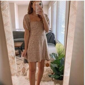 Abercrombie & Fitch Tan Smocked Puff Sleeve Mini Dress